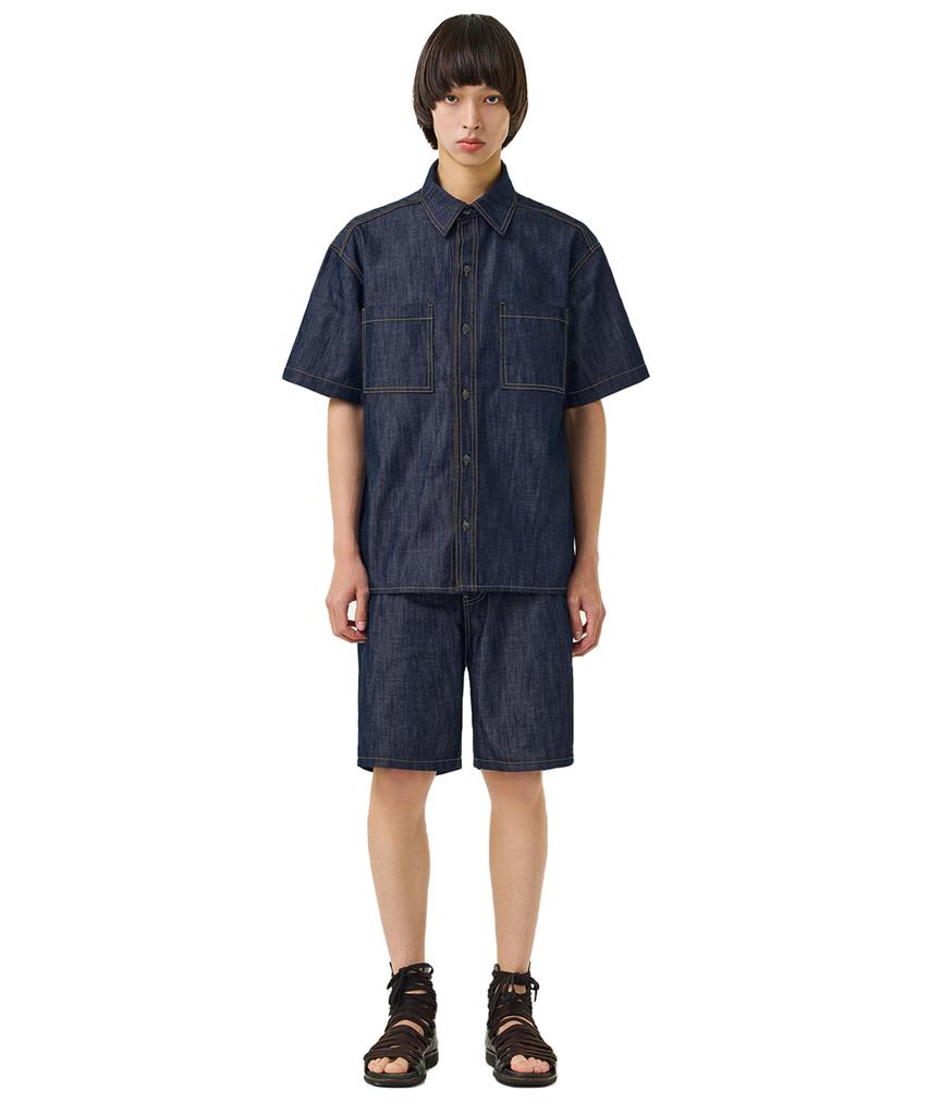 LAUGHER [Summer][Non-Fade] Two-Pocket Denim Work Shirt Short Sleeve - Deep Blue