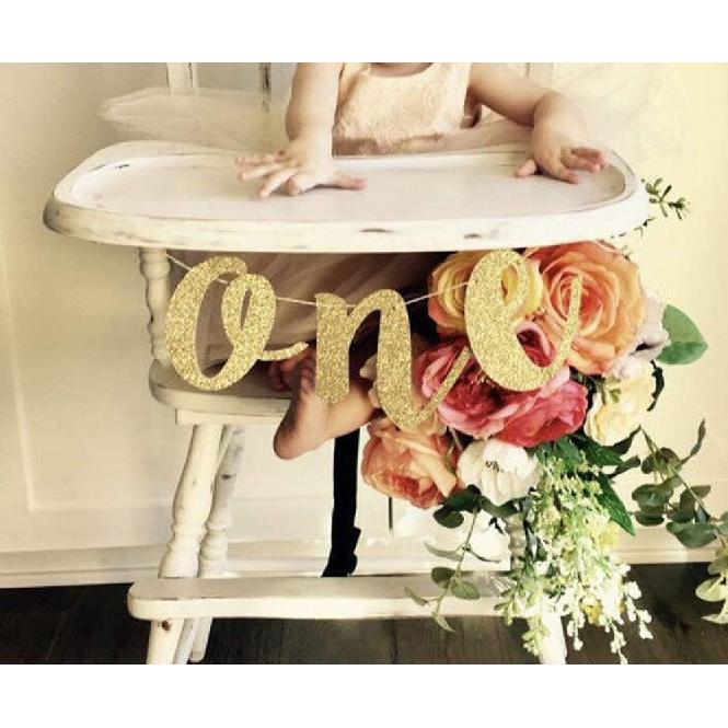 Hongkai Glitter Gold 1st Birthday Highchair Banner Boy Girl Baby ONE Banner High Chair Sign Baby First Birthday One Photo Prop Party Decorations