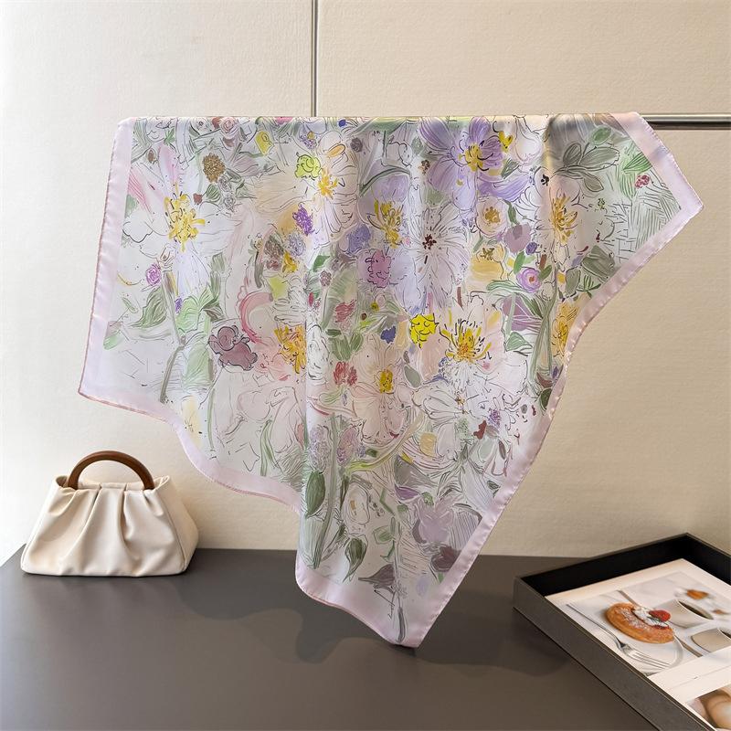 

70Cm Square Flowers Oils Print Green Square Silk Scarf Casual Elegant Thin Breathable Women Windproof Head Wrap Hair Scarves 70x70cm