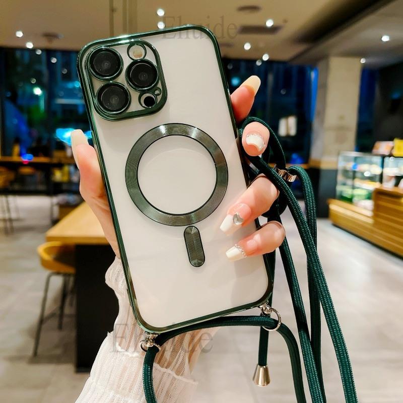 Magnetic Case For iPhone 17 16 14 13 12 11 Pro X XS Max 15 Plus Magsafe Transparent Plating Strap Crossbody Lanyard Neck Cover