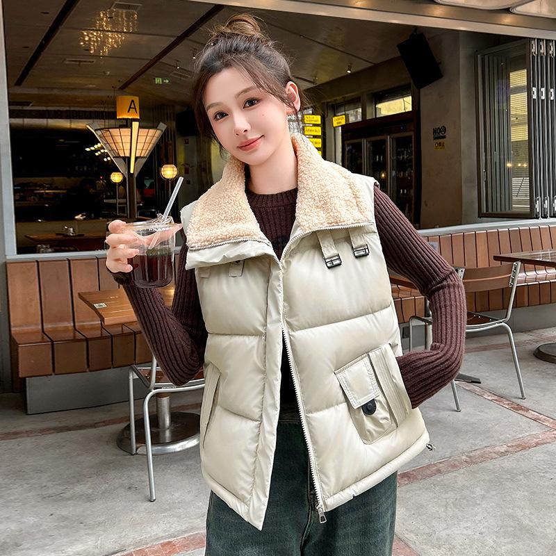 Winter Down Cotton Vest Women's Short Splicing Lapel Loose Outer Wear Warm Sleeveless Vest Jacket Tide