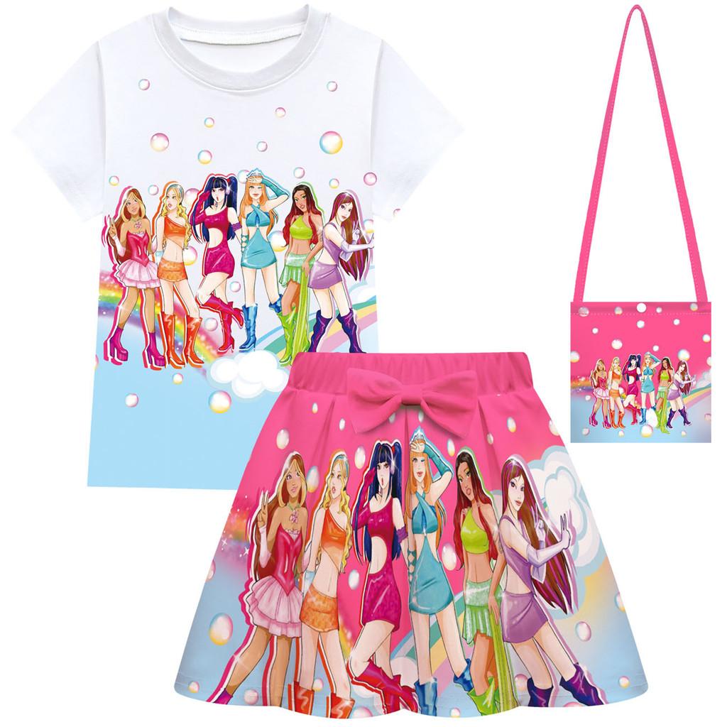 Fashion Girls KATSEYE Print Sets Short Sleeves T-Shirt Top Skirt Bag 100cm розы красного