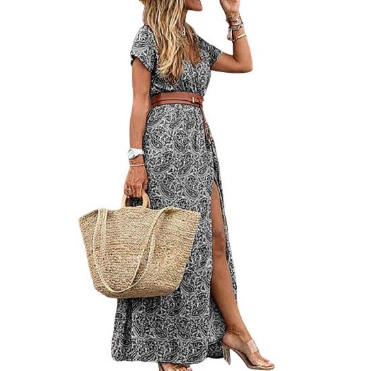 

Bohemian Floral Print Maxi Dress with V Neck and Slit Hem Summer Beach Dress Slim Waist Belted Short Sleeves Vacation Dress XXXL сірий