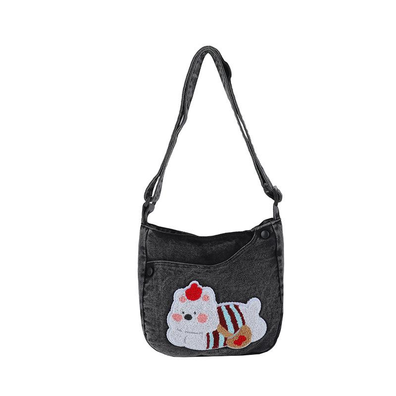 Embroidered Denim Large-capacity Commuter Single-shoulder Bag, Cartoon Niche Artistic Retro Crossbody Bag