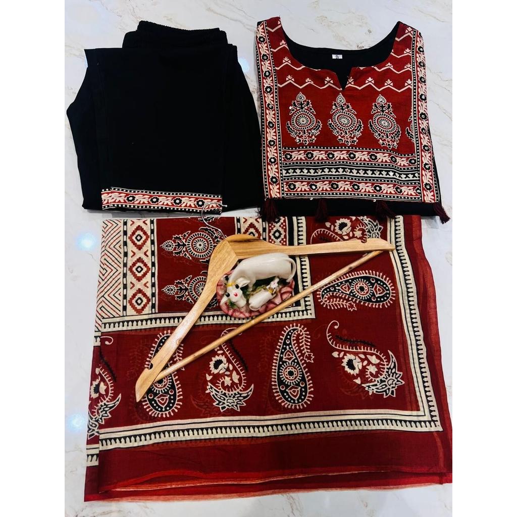 Indian Women Designer Kurta Pant Dupatta Set Bollywood Top Tunic Cotton Kurti VFP-1804a