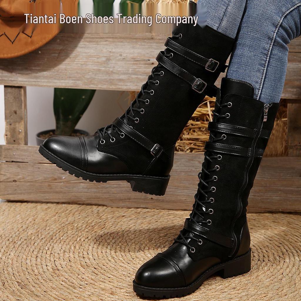 2025 European & American Mid-Calf Rivet Belt Buckle Boots: Round Toe, Square Heel, PU Leather, Autumn/Winter Knight Style