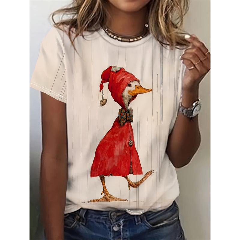 Summer Round Neck 3D Peacock Bird Duck Pattern Printed Top Fashionable Casual Cute Short Sleeved Women's T-shirts