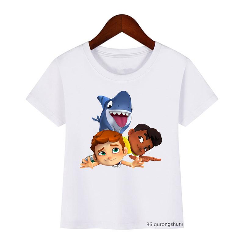 Cute Boys Girls Kawaii Sharking with Sharkdog Cartoon Print Children'S Tshirt Summer Baby Clothes White Short Sleeve Tops