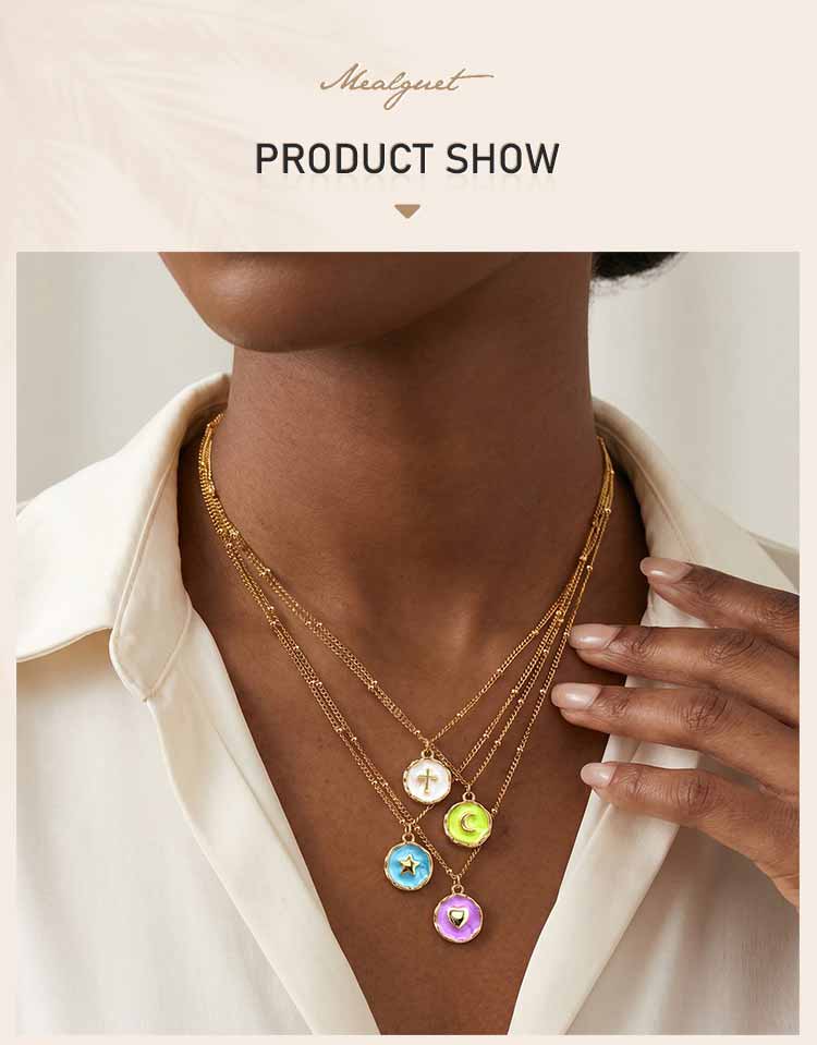Colorful Enamel Round Pendant Necklace, Star Cross Heart Moon Choker, Stainless Steel Tarnish Resistant Clavicle Jewelry