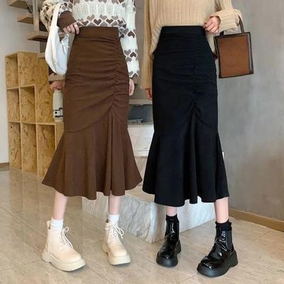 Fashion High Waist Midi Skirts for Women 2023 Spring Slim Fit Hip Mermaid Skirt Woman Korean Ruffles Brown Skirts 2XL