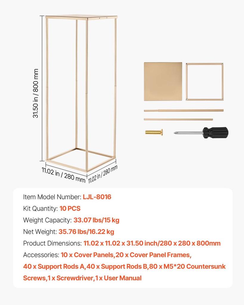 Wedding Flower Stand, 10PCS 80cm Column Flower Stand, Floral Stands with Metal Laminate, Gold Rectangular Floral Display Rack for Wedding, Party,