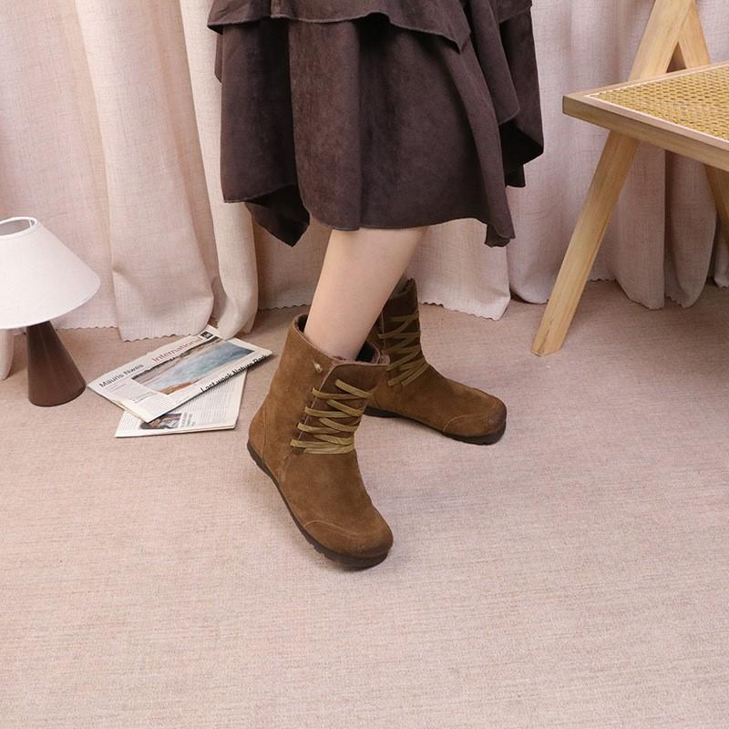 Johnature Plush Cow Suede Plush Women's Mid-calf Boots Retro Lace-up Warm Flat Bottom Snow Boots