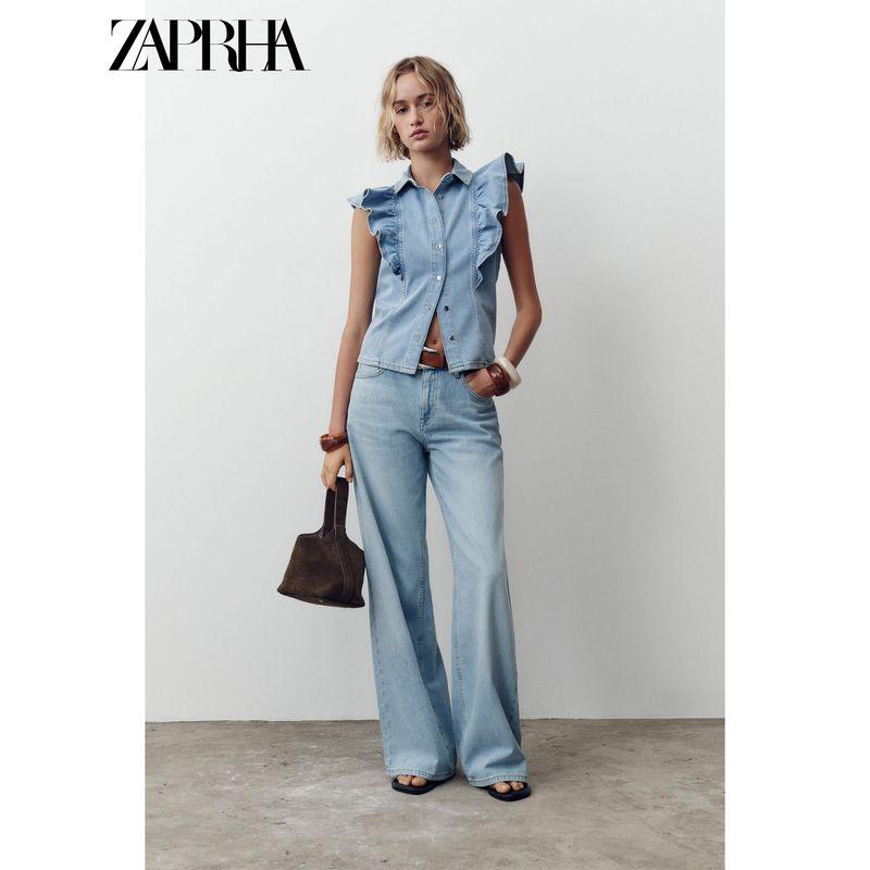 Zaprha 2025 Summer New Frill Laminated Denim Small Flying Sleeve Lapel Sleeveless Shirts 9942155