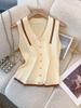 Polo Collar Knit Vest with Gold Button Contrast-Trim Sleeveless Button-Front Cardigan Vest Women Spring Summer Trendy