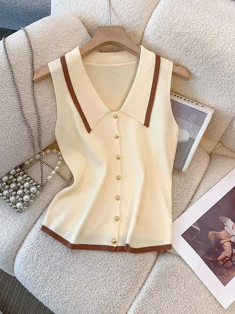Polo Collar Knit Vest with Gold Button Contrast-Trim Sleeveless Button-Front Cardigan Vest Women Spring Summer Trendy