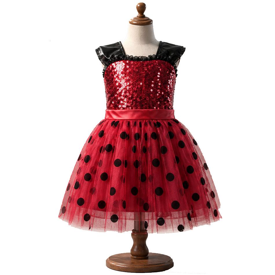 Kids Ladybug Red Polka Dot Tulle Dress, Girls Puffy Dress with Bag & Mask, Size 100-150