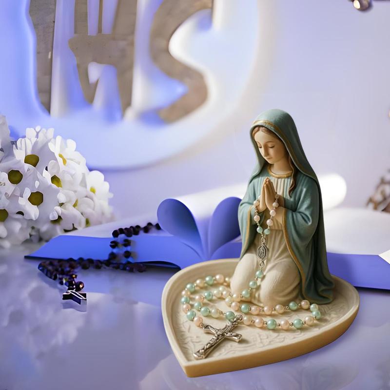 Virgin Mary Rosary Holder,Elegant Our Lady Prayer Rosary Box Religious Gift Catholic Gift, Mary And Jesus Heart Statue Tray