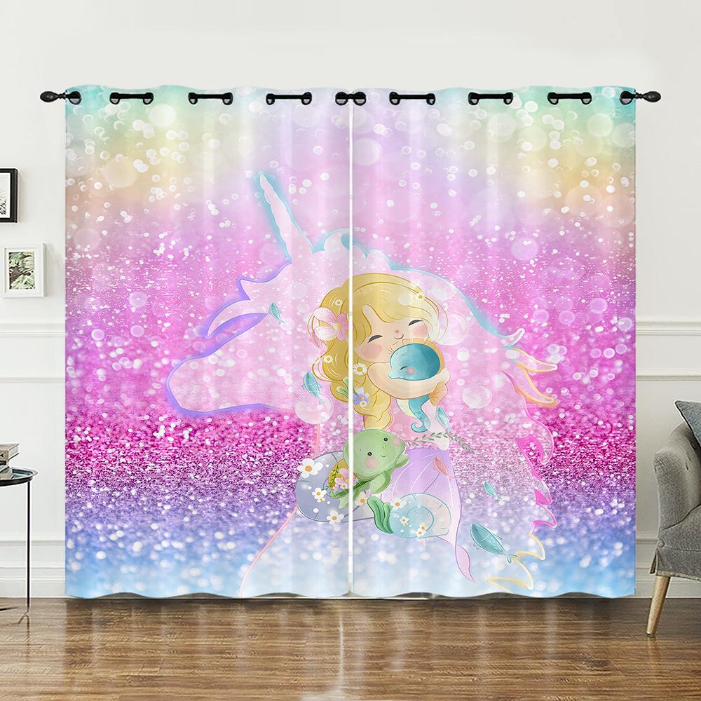 Curtains Cartoon Unicorn Decorative Sunshade Digital Printing Curtains Blackout Free Punching