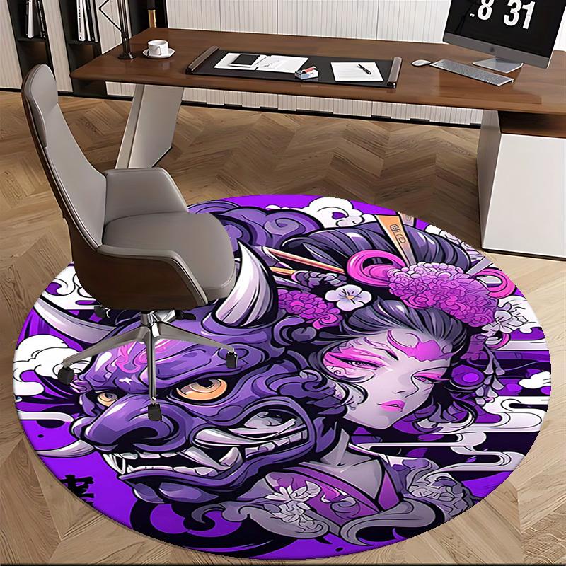 1pc Japanese Demon Mask & Geisha Purple Round Carpet, Office Chair Mat, NonSlip Rug for Home Decor, Seasonal Gift, Suitable for Office