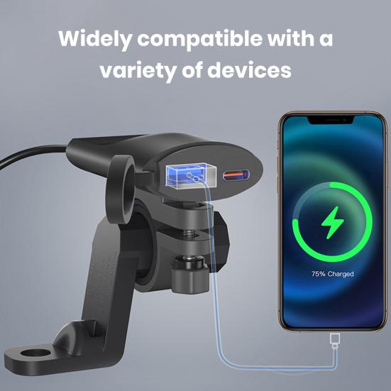 Cargador de motocicleta con soporte de expansión para espejo retrovisor, carga rápida PD USB de alta potencia de 12-24 V, adaptador de carga de teléfono universal para motocicleta, ATV, triciclo