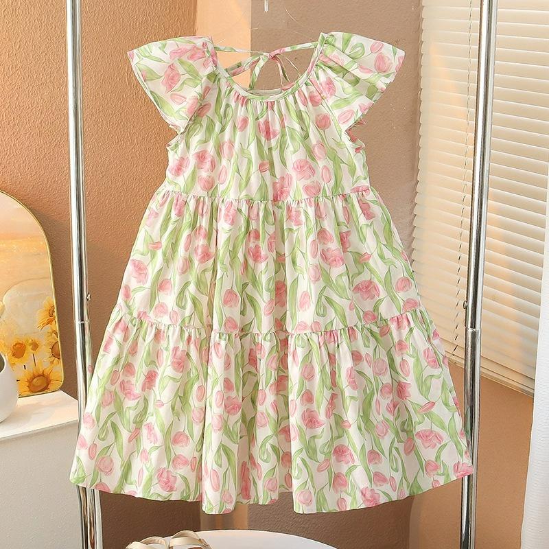 Girls Summer Cotton Lotus Leaf Collar Dress Pure Cotton Floral Tulip Sweet Kindergarten Elementary School Fat Princess Dress
