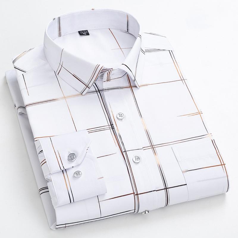 Męskie Koszule Eleganckie Wiosna Jesień Najnowsze Nieprasujące się Odporne na Zmarszczki Biznesowe Casualowe Wzór Cienki Kratka Dopasowany krój chemise homme