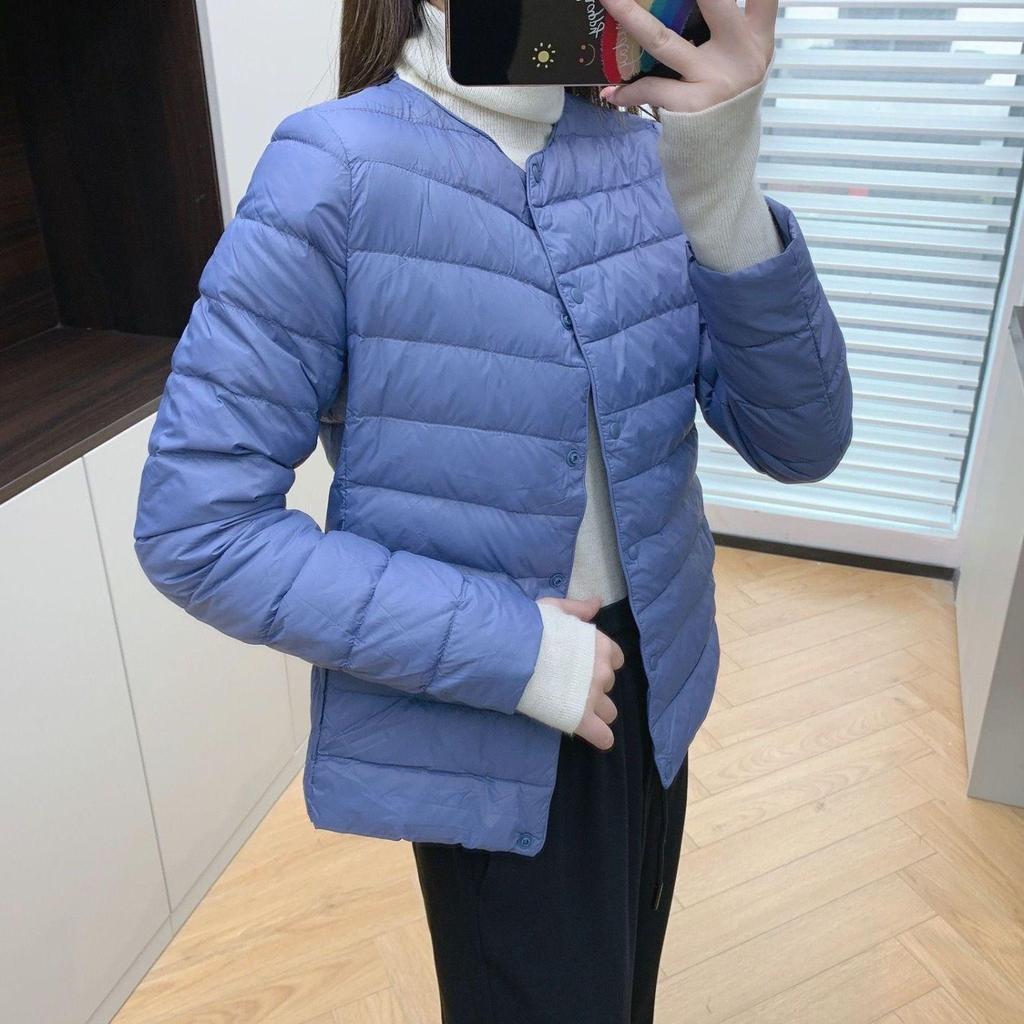 Women's 90% White Duck Down Lightweight Short Jacket - Round Neck, Solid Color, Warm and Collarless for Autumn/Winter