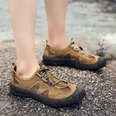 Große Wanderschuhe Herren Frühling und Sommer Atmungsaktive Mesh-Schuhe Echtes Leder Rutschfeste Verschleißfeste Outdoor-Sport-Mesh-Freizeitschuhe