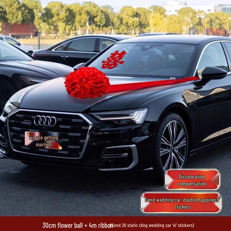 Complete Wedding Car Decoration Set: Escort Car Hood Flowers, Welcome Garland, Double Happiness Arrangement for a Festive Display