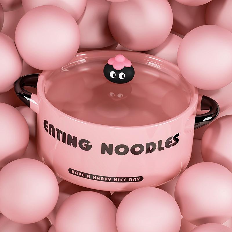 High-value Cute Instant Noodle Bowl with Lid 2024 New Household Binaural Ceramic Soup Bowl Student Dormitory Snail Powder Bowl