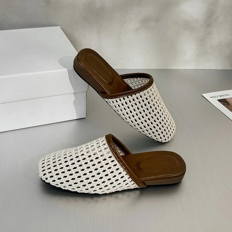 Modne Tkane Damskie Kapcie Casualowe Mokasyny Buty Kobieta Muły Płaskie Sandały Lato 2025 Trend Wygodne Miękkie Skórzane Płytkie Sukienka Zapatos