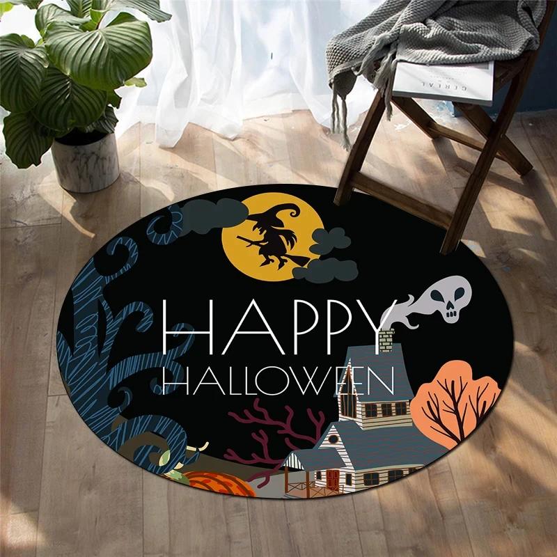 Happy Halloween Round Carpet Castle Bat Print Area Rug for Living Room Bedroom Chair Non Slip Horror Theme Floor Mats Yoga Mat