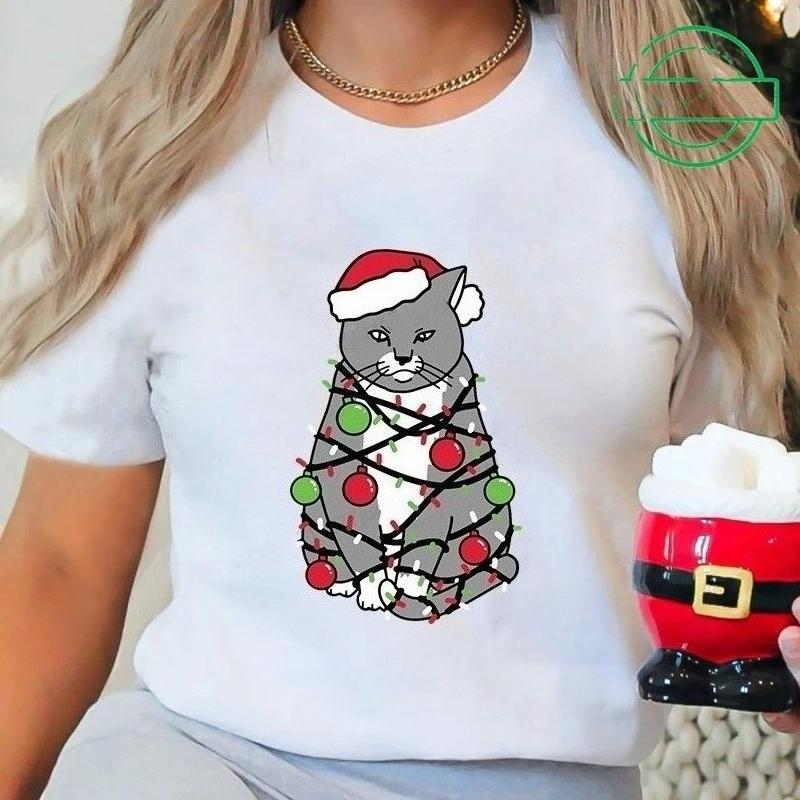 Funny Christmas Cat Printed T-Shirt Women Summer Fashion Tshirt Christmas Party Casual Fashion Tee Shirt Short Sleeve Tops