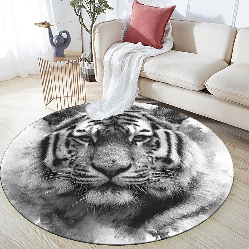 Black and White Tiger Round Area Rug,Carpet Rug for Living Room Bedroom Sofa Playroom Decor,Non-slip Floor Mat