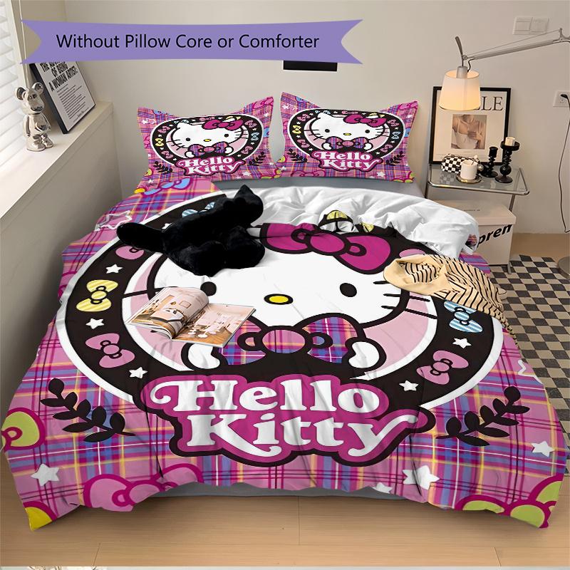 3pcs Hello Kitty Stars Bows and Tartan Patterns Print Cover Set Ultra Soft, Breathable, and Comfortable Bedding with Stylish Design for Bedroom a