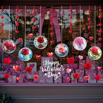 Valentine's Day Window Clings Rose Flower Heart Static PVC Window Glass Decals Reusable Double-Sided Static Stickers for Wedding Anniversary Home
