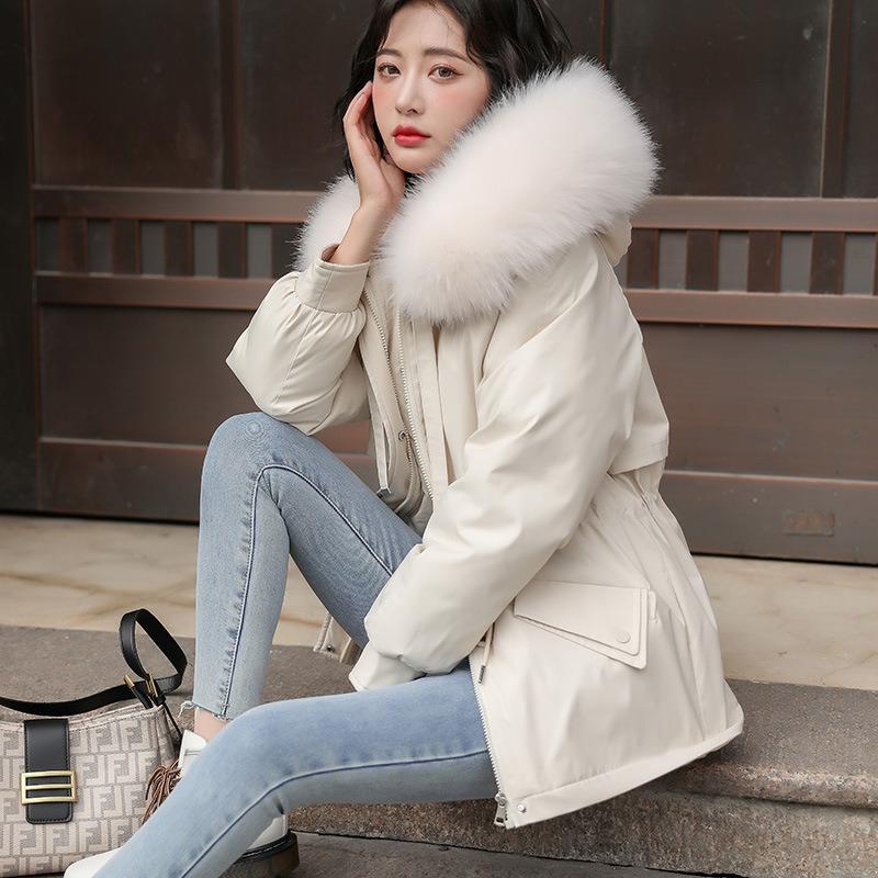 Women's Winter Fur Collar Loose Hooded Drawstring Piled Thickened Pie Thin Coat Women's Versatile Windproof