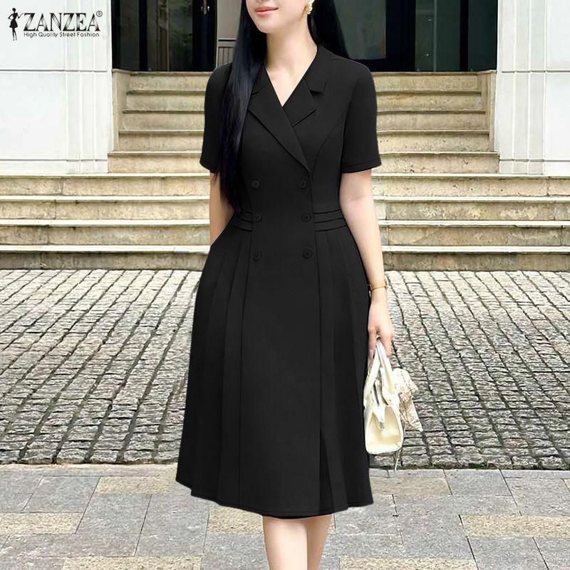 ZANZEA Vestido feminino casual gola virada para baixo verão manga curta