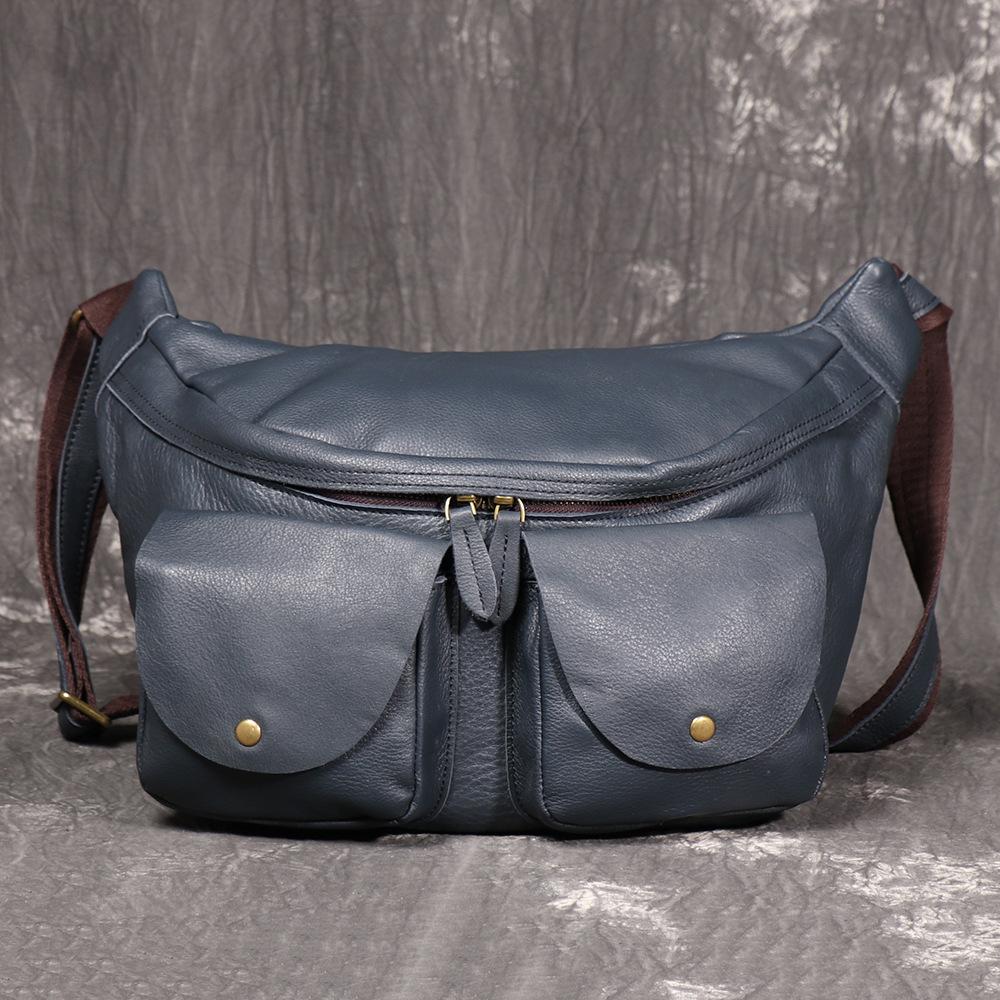 Men S Leather Breast Bag Retro First Layer Cowhide Messenger Bag Vegetable Tanned Leather Travel Backpack Cycling Men S Bag синий