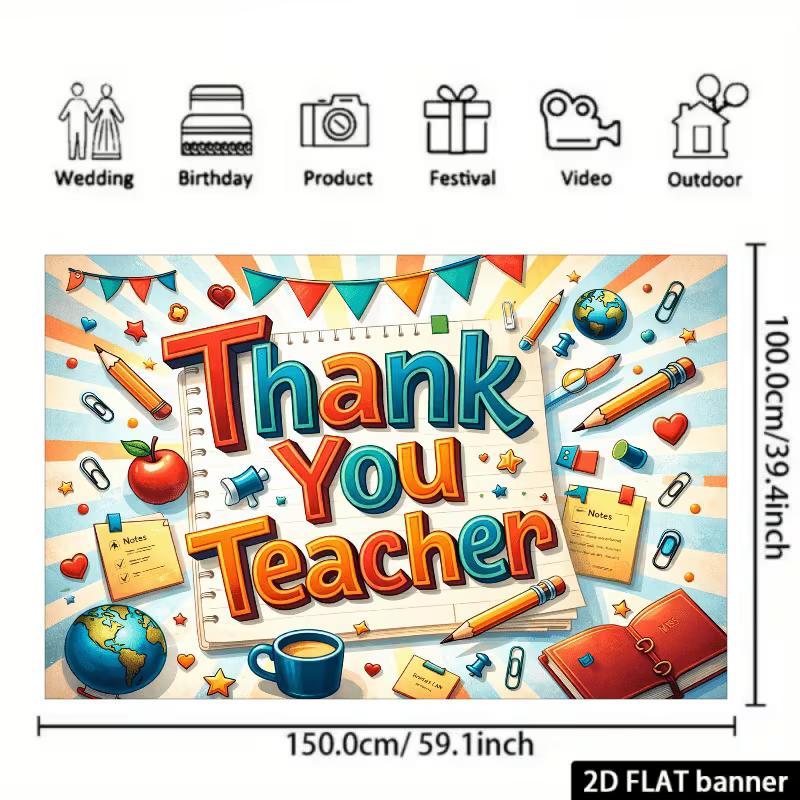 2D Thank You Teacher Banner, Colorful School Supplies Photography Background Banner