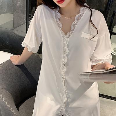 Sexy Lace Nightdress Women'S Wavy Lace Short-Sleeved Shirt Pajamas Women'S Casual Loose Loungewear Pajamas