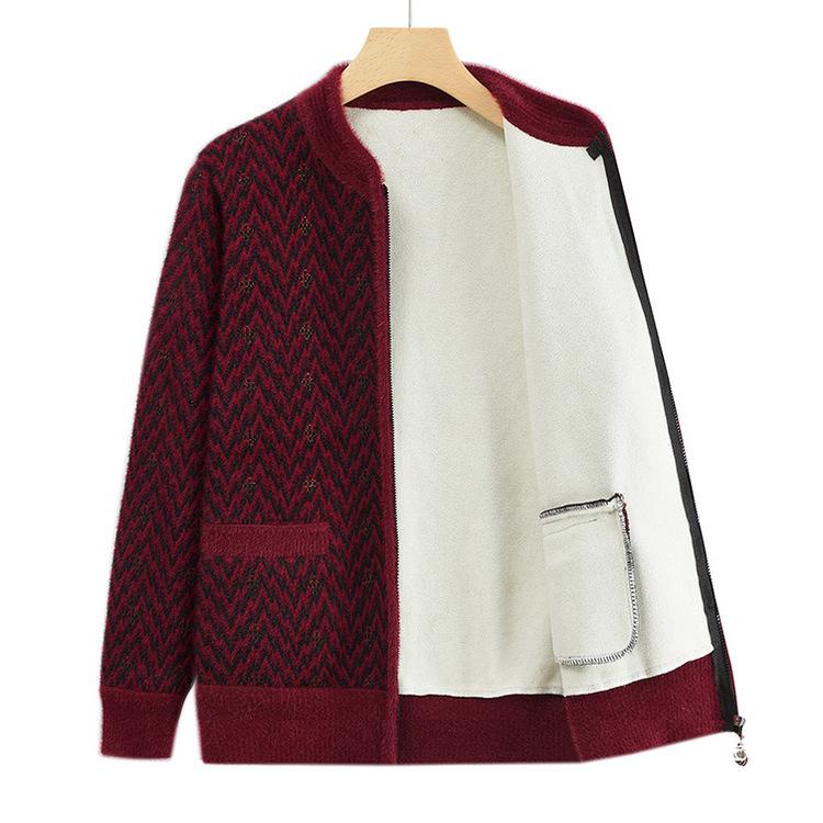 Mom's Autumn and Winter Round Neck Cardigan Plus Velvet Warm Top Middle-aged and Elderly Loose Casual and Comfortable Grandma Jacket