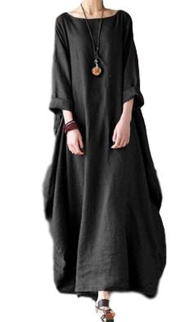 JINJUDUO Cotton Linen Plus Size Solid Color Extra Long Loose Dress (Black, XXL)