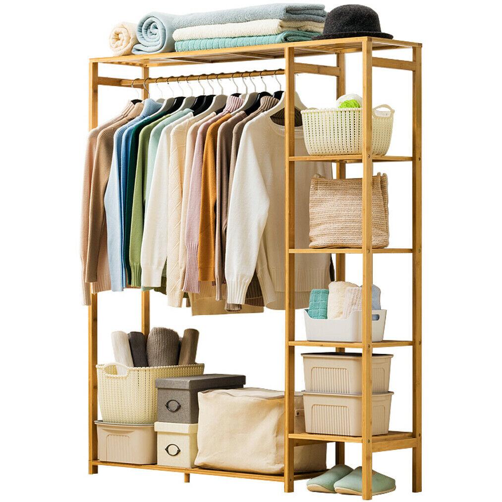 Kleiderständer aus Bambusholz mit Regalen, Kleiderständer zum Aufhängen für Kinder, Kinder und Erwachsene, Stoff, Schuh- und Mantelaufbewahrung, Organisation