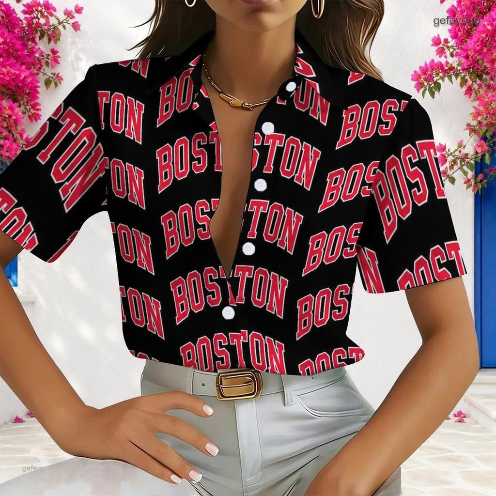 Women Plus Size Collared Short Sleeve Paris Printed White Button Front Shirt