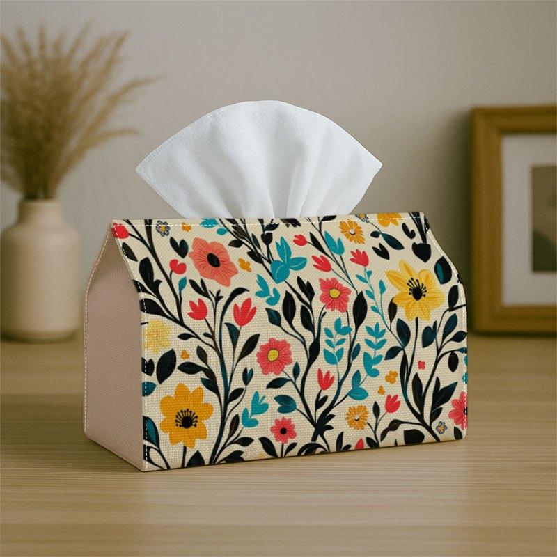 2 Size Options Available, 1pc Vintage Folk Artistic Polyester Tissue Holder, Reusable And Washable, Featuring a Colorful Floral Design On a Beige Back