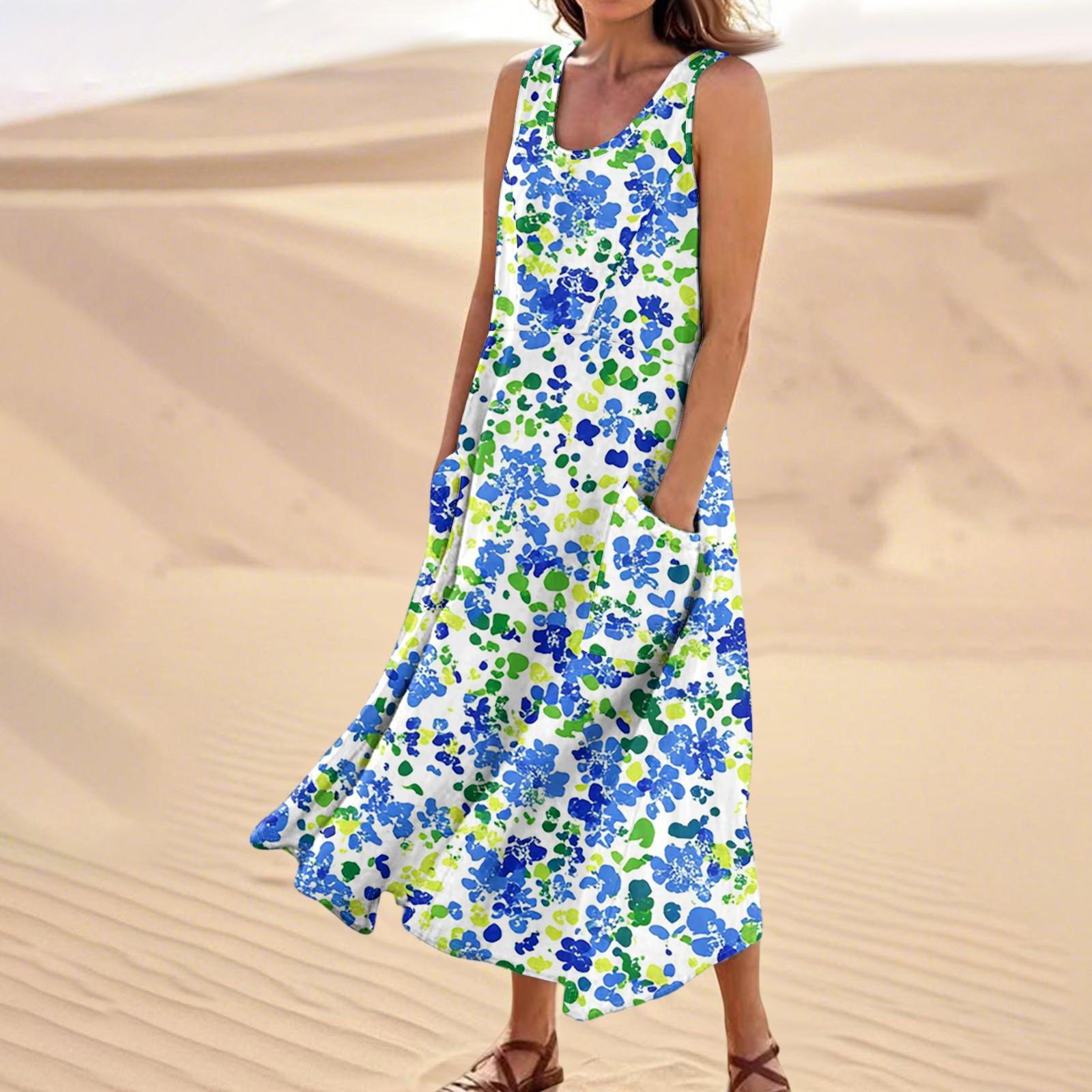 

Жіноча літня повсякденна модна сукня без рукавів з квітковим принтом та кишенями XXL синій