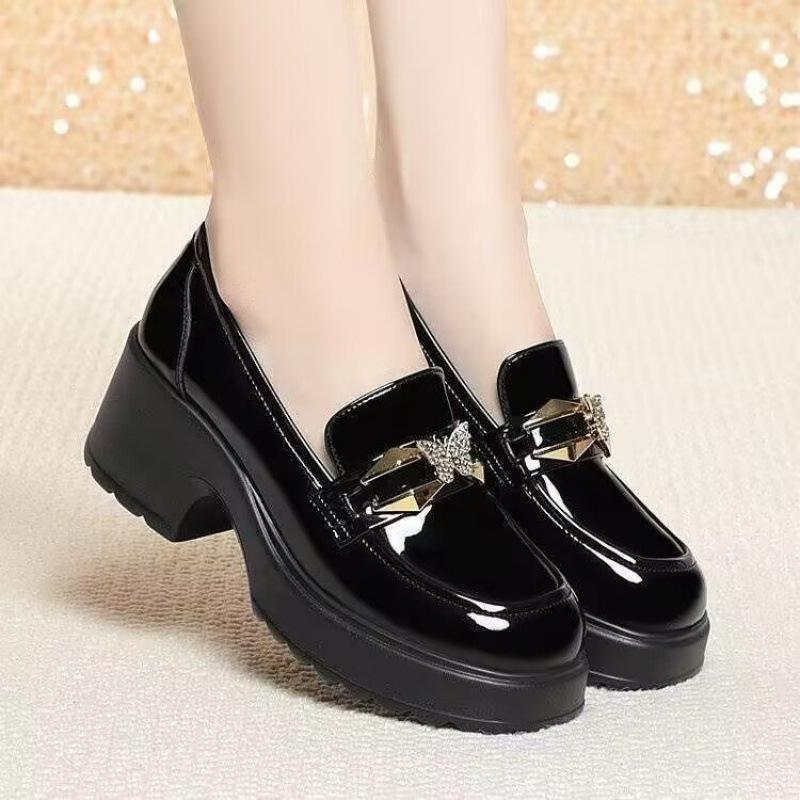 Loafers Women's 2025 Spring and Autumn New Mid-heeled British Leather Shoes Thick Heel Muffin Thick Sole Soft Sole High Heel Single Shoes