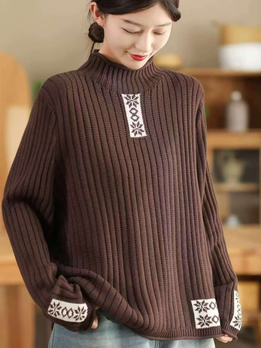 

Johnature Женский зимний модный винтажный принт с воротником-стойкой, в китайском стиле, с длинными рукавами, однотонный свободный свитер One Size кофейный