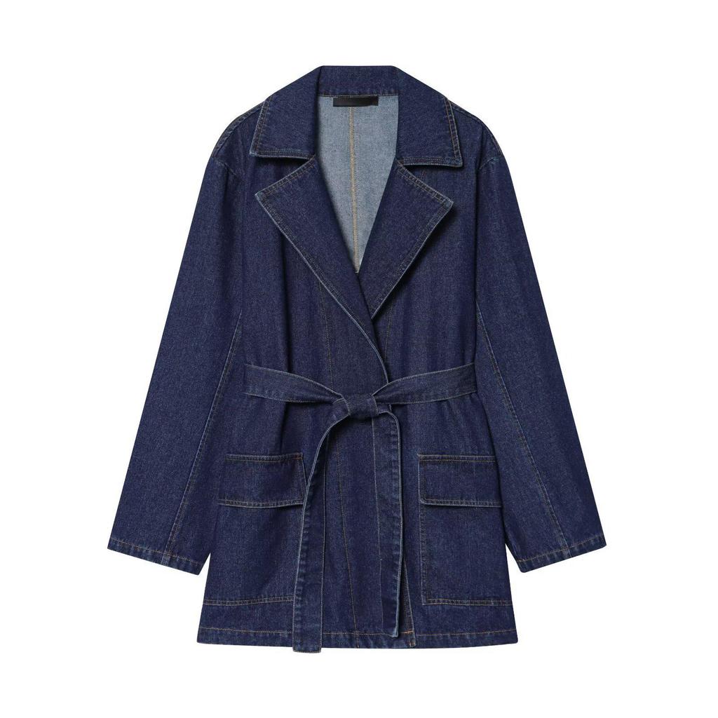 Giacca di jeans primaverile da donna: Versatile Manica Lunga, Collo a Revers, Monocolore con Cintura